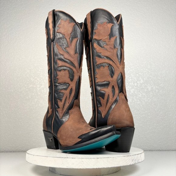 Lane Boots Shoes - NEW Lane JOLENE Western Cowgirl Boots 7.5 Black Brown Leather Mid Calf Snip Toe